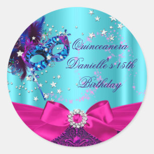 Redonda Pegatina de cumpleaños Quinceañera con máscara y l