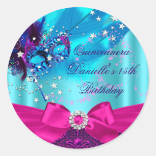 Redonda Pegatina de cumpleaños Quinceañera Máscara y Lazo 