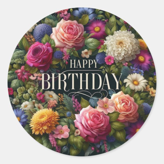 Redonda Pegatina de cumpleaños : tema floral vibrante (Anverso)