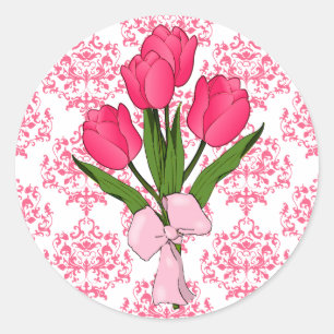 Redonda Pegatina de damasco rosa y tulipanes