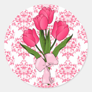 Redonda Pegatina de damasco rosa y tulipanes