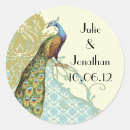 Redonda Pegatina de Damask de la laguna Peacock Vintage