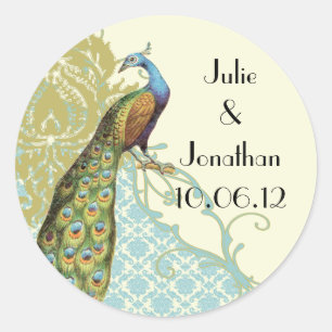 Redonda Pegatina de Damask de la laguna Peacock Vintage