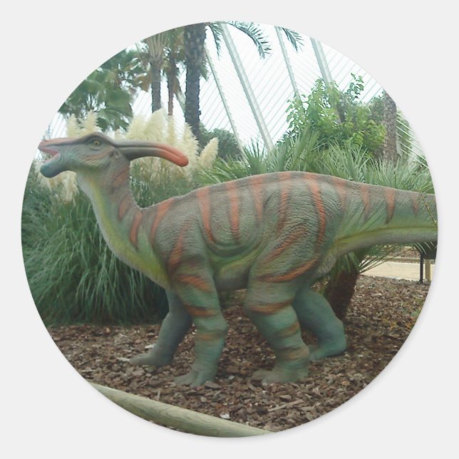 Redonda Pegatina de dinosaurios de Parasaurolophus (Anverso)