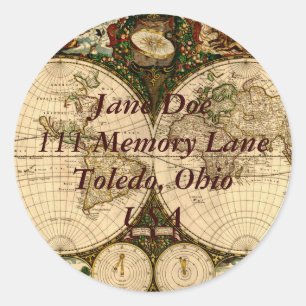 Redonda Pegatina de direcciones del mapa del mundo antiguo