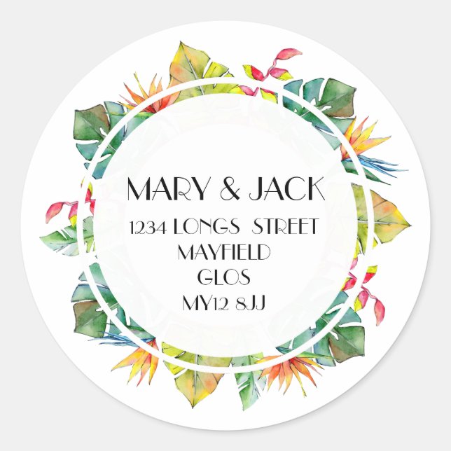 REDONDA PEGATINA DE DIRECCIONES TROPICAL (Anverso)