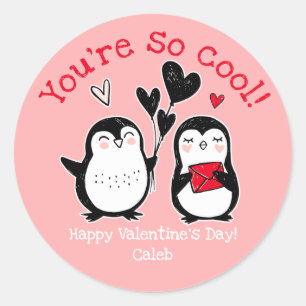 Redonda Pegatina de Doodle Penguin Valentine