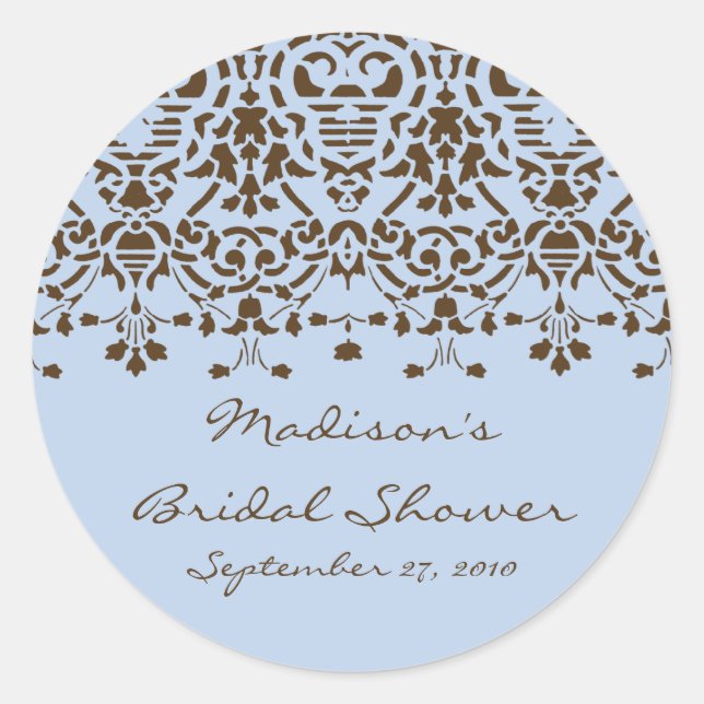 Redonda Pegatina de ducha Blue & Brown Damask Bride (Anverso)