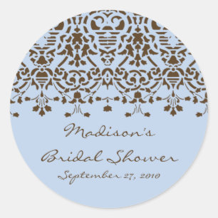 Redonda Pegatina de ducha Blue & Brown Damask Bride
