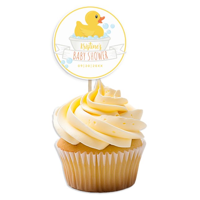 Redonda Pegatina de ducha de bebé de patito de goma – Tema (rubber duck baby shower birthday party favor cupcake topper - yellow)