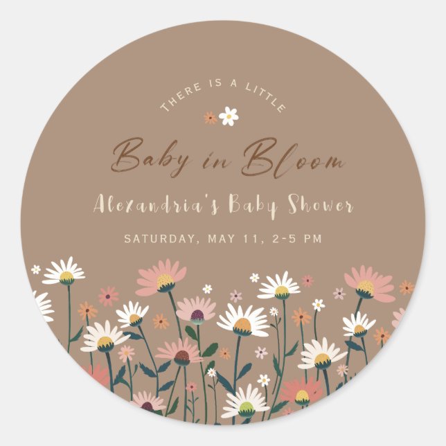 Redonda Pegatina de ducha de bebé en flor Boho Chic Daisy (Anverso)