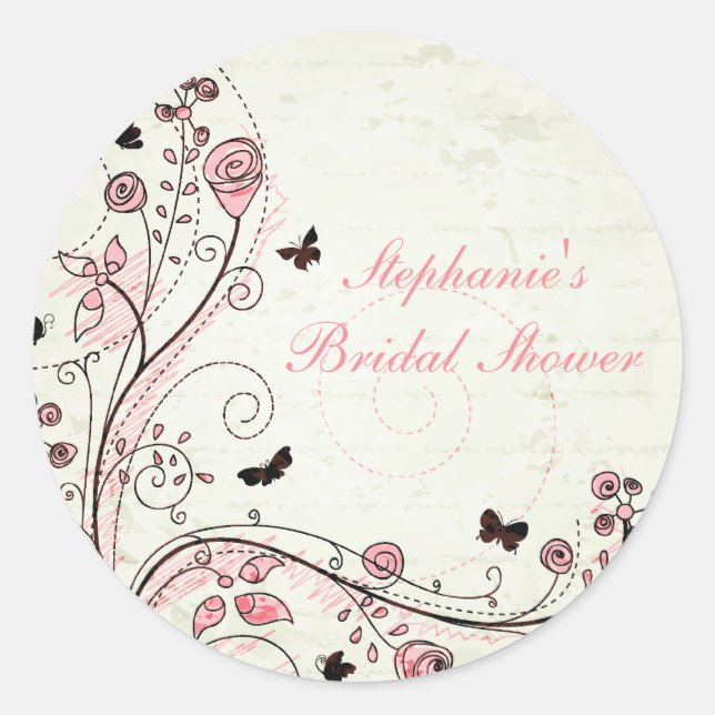Redonda Pegatina de ducha de novia con flores de moda capr (Anverso)