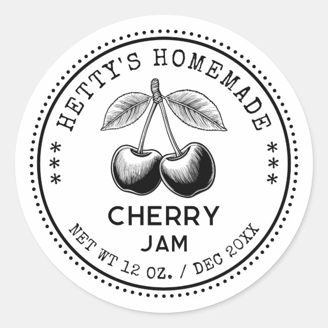 Redonda Pegatina de enlatado de mermelada de cerezo en bla (Anverso)