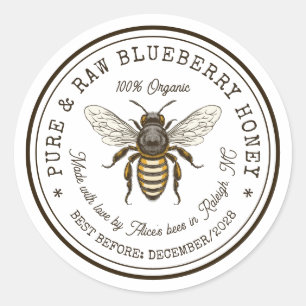 Redonda Pegatina de enlatado de miel de arándano con abeja
