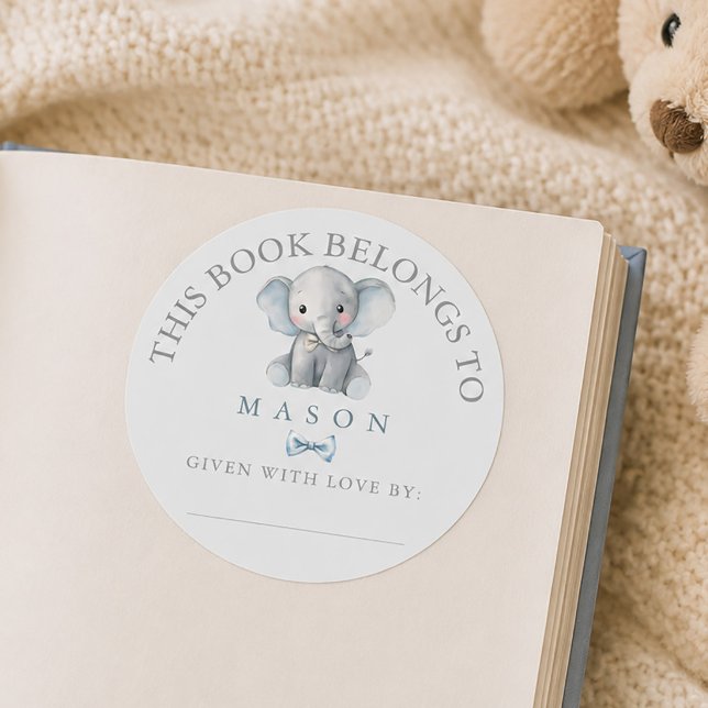 Redonda Pegatina de exlibris de elefante azul y bebé con p (Elephant Blush Pink Baby Bookplate Sticker)