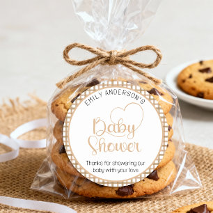 Redonda Pegatina de Favor de Baby Shower Cuadrillé Taupe