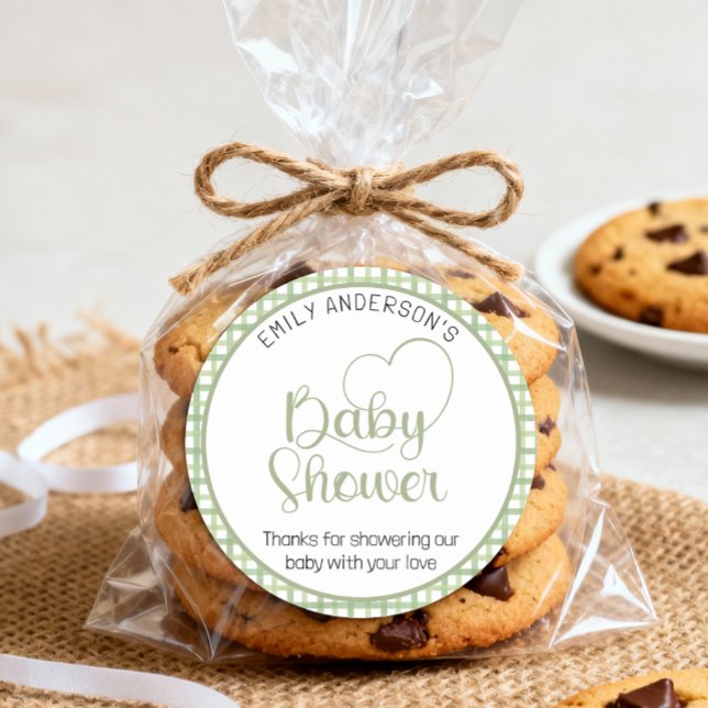 Redonda Pegatina de Favor de Baby Shower Sage Gingham (Baby Shower Sticker)