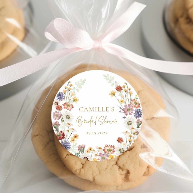 Redonda Pegatina de Favor de Despedida de Soltera de Flor  (Wildflower Bridal Shower Round Sticker)