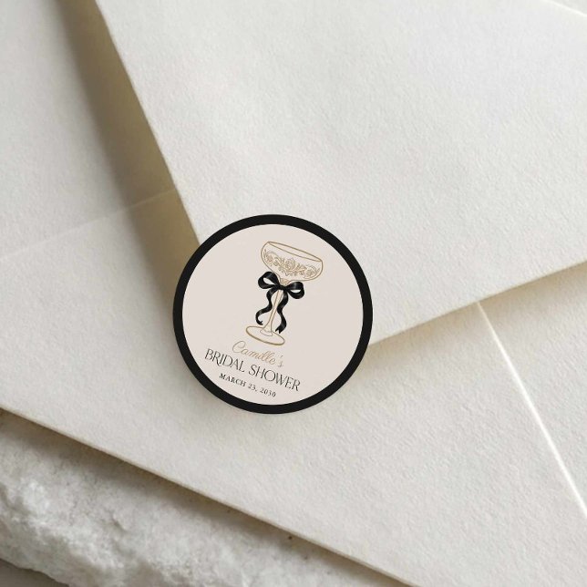 Redonda Pegatina de Favor del Círculo de Brunch de Champán (Black Bows and Bubbly Bridal Shower Round Sticker)