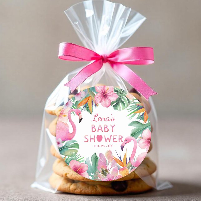 Redonda Pegatina de Favor para Fiesta de Bebé de Flamenco  (Flamingo Baby Shower Favor Sticker)