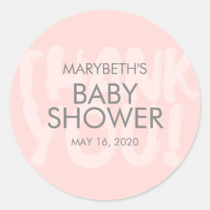 Redonda Pegatina de favoritos de Baby Shower rosado en gra