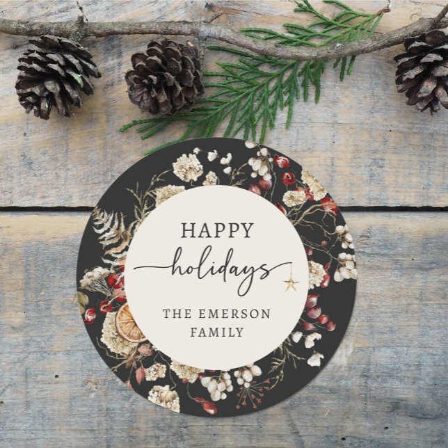 Redonda Pegatina de Felices Fiestas Negro (Black Happy Holiday Sticker
)