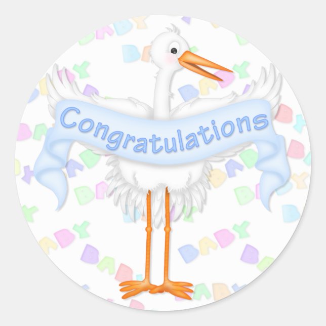 Redonda Pegatina de felicitaciones a Stork (Azul) (Anverso)