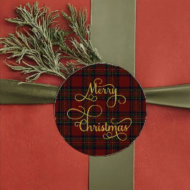 Redonda Pegatina de Feliz Navidad de Cuadros Escoceses Roj
