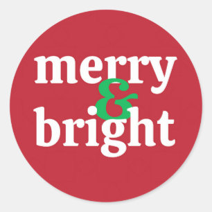 Redonda pegatina de feriado de Navidades "Merry & Bright"