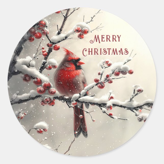 Redonda Pegatina de festividades del cardenal rojo navidad (Anverso)