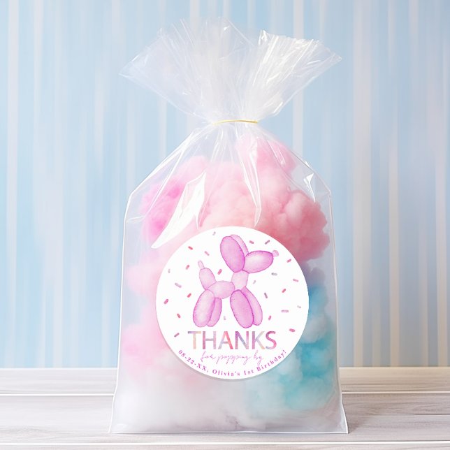 Redonda Pegatina de Fiesta animal con globo rosa (purple pastel watercolor 1st birthday party stickers)