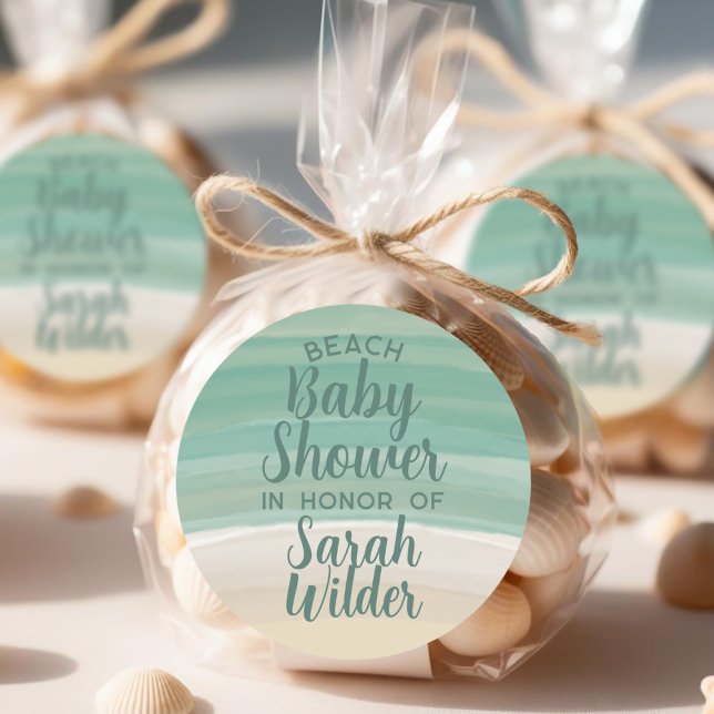 Redonda Pegatina de fiesta de bebé en la playa (For your beach baby shower - just add your name)