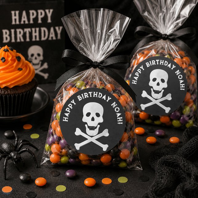 Redonda Pegatina de fiesta de cumpleaños de calavera y hue (Birthday Favor Treat Bags)