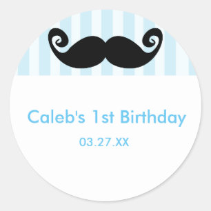 Redonda Pegatina de fiesta de cumpleaños MUSTACHE Blue Str