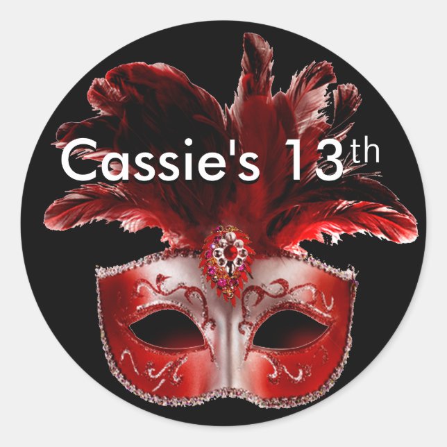 Redonda Pegatina de Fiesta de mascarada roja, negra y plat (Anverso)