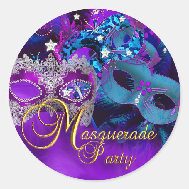 Redonda Pegatina de fiesta de máscaras de disfraz de púrpu (Anverso)