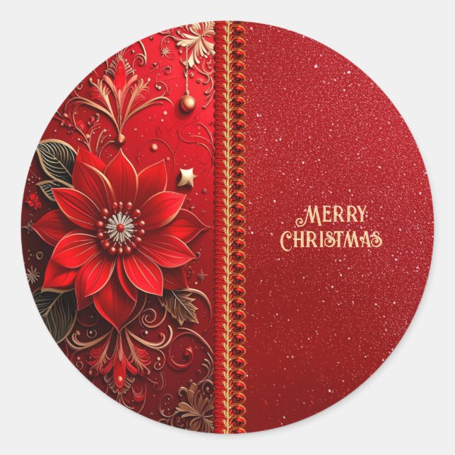 Redonda Pegatina de Flor Roja de Navidad (Anverso)