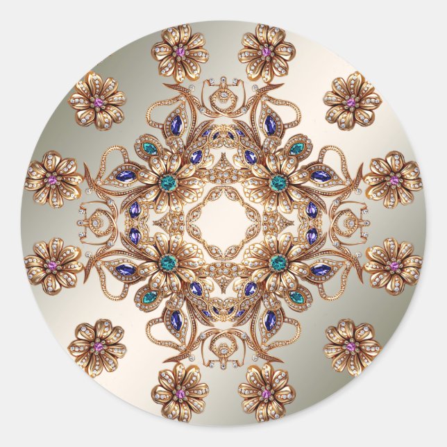 Redonda Pegatina de flores de joyas de oro elegantes (Anverso)