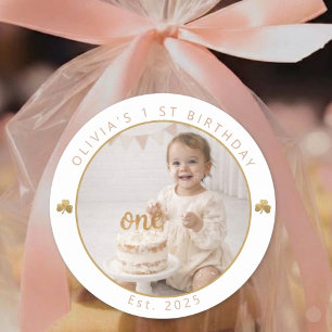 Redonda Pegatina de foto del primer cumpleaños de la niña 