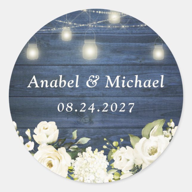 Redonda Pegatina de frasco de Mason de flores blancas de m (Anverso)