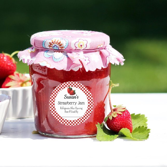 Redonda Pegatina de fresa Jam Personalizado Canning Jar (Strawberry Jam or Jelly Label. Personalize with your own info. Matte Finish is best for writing on.
)