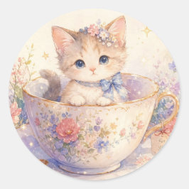 Redonda Pegatina de gatito en una taza de té floral