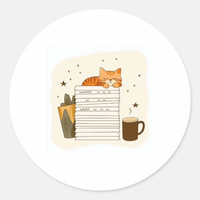 Redonda Pegatina de gato acogedor leyendo (Anverso)