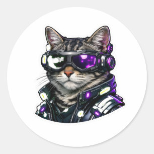 Redonda Pegatina de gato ciberpunk con gafas de neón