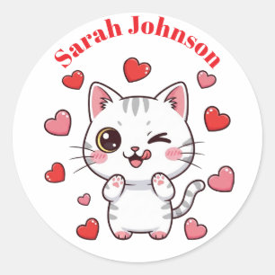 Redonda Pegatina de gato con corazón y nombre de Personali