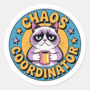 Redonda Pegatina de gato coordinador del caos - Café gruñó