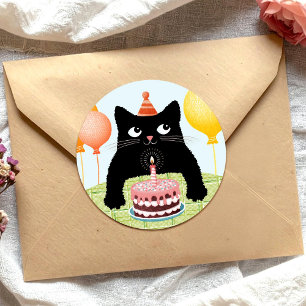 Redonda Pegatina de gato de cumpleaños con pastel