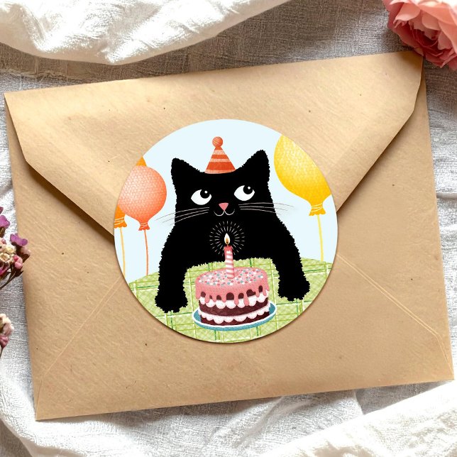Redonda Pegatina de gato de cumpleaños con pastel (Subido por el creador)