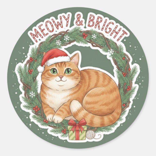 Redonda Pegatina de gato de Navidad - divertido gatito con (Anverso)