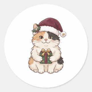 Redonda Pegatina de gato de Santa que lleva regalo de Navi
